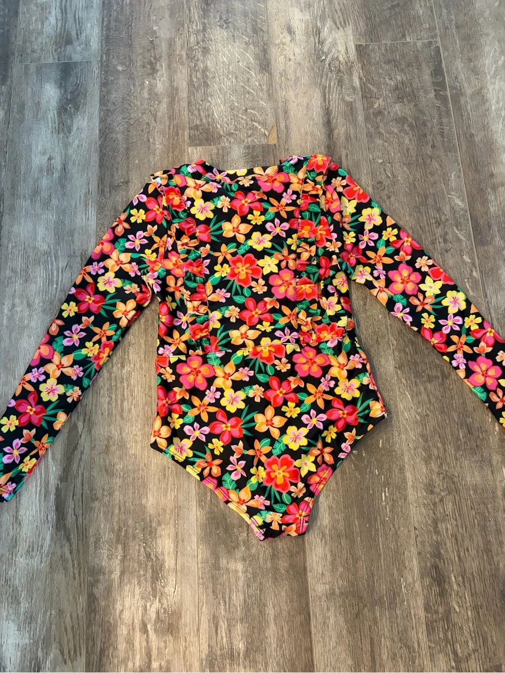 NWOT Long-Sleeve Floral One-Piece Swimsuit in Black with Multi-Color flowers